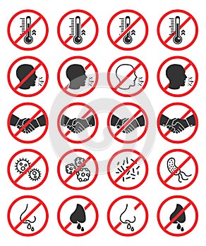 Set of prohibiting icons. No cough, no handshake, no runny nose, no fever, no virus