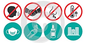 Set of prohibiting icons. No cough, no handshake, no runny nose, no fever. Set of medical mask, hand washing, nose spray, hospital