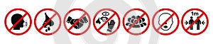 Set of prohibiting icons: no cough, no runny nose, no handshake, no touch the eyes, nose, mouth, no crowd, no without a mask