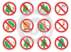 Set of prohibition signs of action in forest, vector.