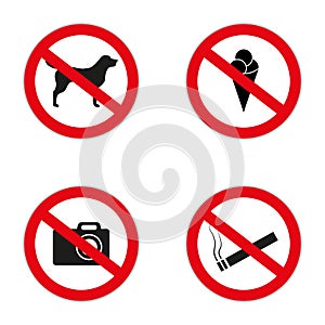 Set of prohibition signs at the entrance to the store or shop. Not allowed icons: no dogs, ice cream, smoking, skates, bike, photo