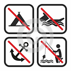 Set of prohibition signs, group four crossed buttons, water activities, beach