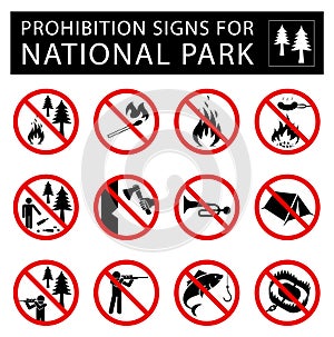 Set of prohibition signs for national park.