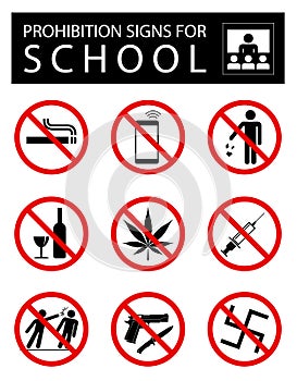 Set of prohibition signs for school