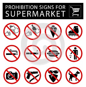 Set of prohibition signs for supermarket.
