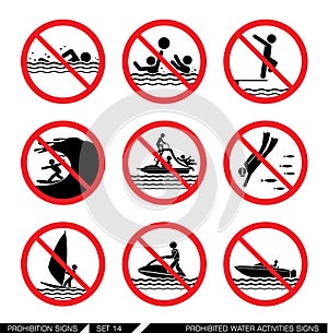Set of prohibition signs for water activities