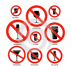 Set of prohibitive signs with types of alcoholic beverages. Vodka wine tequila champagne rum beer martini whiskey liquor.