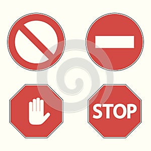 Set of prohibitory road signs. Stop, no entry, hand block. Vector.