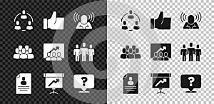 Set Project team base, Hand like, Head hunting, Resume, Chalkboard with diagram, Question mark, and icon. Vector