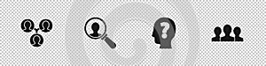 Set Project team base, Magnifying glass for search, Head with question mark and Users group icon. Vector