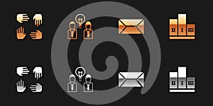 Set Project team base, People with lamp bulb, Envelope and Award over winner podium icon. Vector