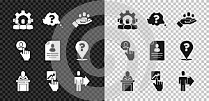 Set Project team base, Question mark, Hand for search people, Speaker, Team leader, Head hunting and Resume icon. Vector