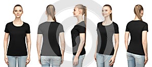 Set promo pose girl in blank black tshirt mockup design for print and concept template young woman in T-shirt isolated photo