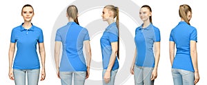 Girl in blank blue polo shirt mockup design for print and concept template young woman in T-shirt front and side back view