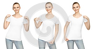 Promo pose girl in blank white tshirt mockup design for print and concept template young woman T-shirt front and half turn side