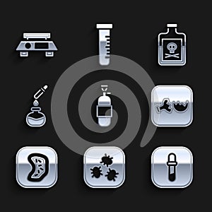 Set Propane gas tank, Bacteria, Pipette, Broken flask, Test tube and, Poison in bottle and Electronic scales icon