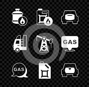 Set Propane gas tank, Canister for motor oil, Spare wheel in the car, Location and station, Gas vehicle, and Oil pump