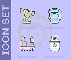 Set Propane gas tank, Oil pump or pump jack, platform in the sea and tanker ship icon. Vector