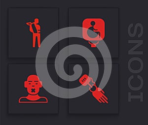 Set Prosthesis hand, Human broken arm, Disabled wheelchair and Head of deaf dumb icon. Vector