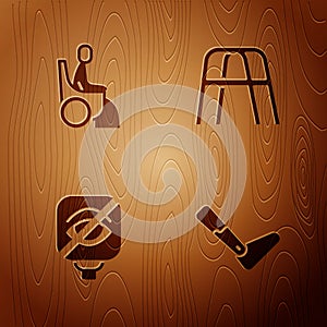 Set Prosthesis leg, Woman in wheelchair, Blindness and Walker on wooden background. Vector