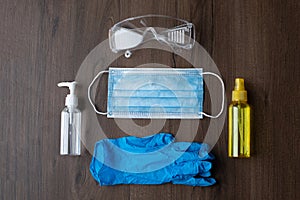 Set of protective eqipment agains corona covid viruses - chirurgical mask, gloves and glasses