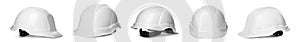 Set of protective hardhats on white. Banner design