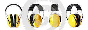Set of protective headphones on white background