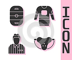 Set Protective sport jockstrap, Ice hockey rink, Hockey judge, referee, arbiter and Hockey jersey icon. Vector