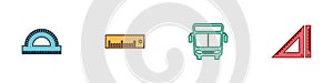 Set Protractor grid, Ruler, Bus and Triangular ruler icon. Vector