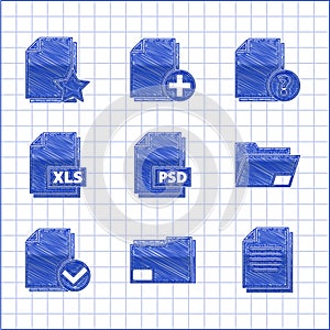 Set PSD file document, Document folder, and check mark, XLS, Unknown and with star icon. Vector