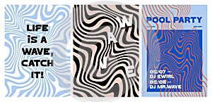 Set of Psychedelic Posters with Wave Pattern. Vector Backgrounds with Swirl Line. Abstract Water Ripple Illustration