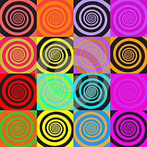 Set of psychedelic spirals in comic style. Seamless pattern from colorfull spirals on bright square background