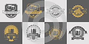 Set of pub, brewery, craft beer, brewhouse and beer labels, logos, badge and other design. Gray and gold vector