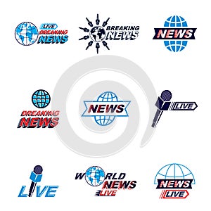 Set of public relations concept and press conference theme vector emblems and posters. Blue Earth, journalistic microphones compo