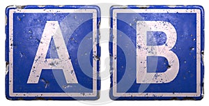 Set of public road sign in blue color with a capital white letters A and B in the center isolated on white background 3d