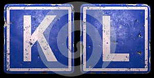 Set of public road sign in blue color with a capital white letters K and L in the center isolated of black background