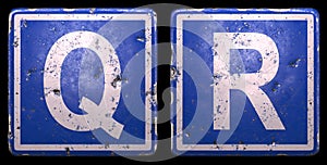 Set of public road sign in blue color with a capital white letters Q and R in the center isolated of black background