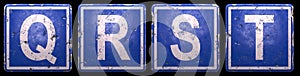 Set of public road sign in blue color with a capital white letters Q, R, S, T in the center isolated of black background