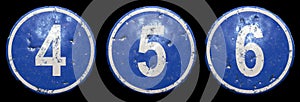 Set of public road sign in blue color with a capitol white numbers 4, 5, 6 in the center isolated black background. 3d