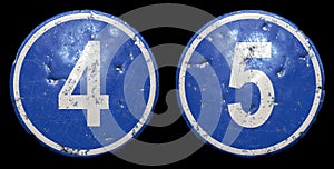 Set of public road sign in blue color with a capitol white numbers 4 and 5 in the center isolated black background. 3d