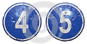 Set of public road sign in blue color with a capitol white numbers 4 and 5 in the center isolated white background. 3d