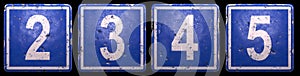 Set of public road sign in blue color with a white numbers 2, 3, 4, 5 in the center isolated black background. 3d