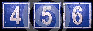 Set of public road sign in blue color with a white numbers 4, 5, 6 in the center isolated black background. 3d