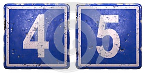 Set of public road sign in blue color with a white numbers 4 and 5 in the center isolated on white background. 3d