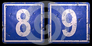 Set of public road sign in blue color with a white numbers 8 and 9 in the center isolated black background. 3d