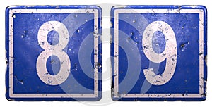 Set of public road sign in blue color with a white numbers 8 and 9 in the center isolated on white background. 3d