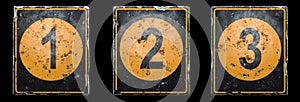 Set of public road sign orange and black color with a numbers 1, 2, 3 in the center isolated on black background. 3d