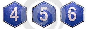 Set of public road signs in blue color with a white number 4, 5, 6 in the center isolated on white background. 3d