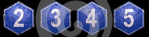 Set of public road signs in blue color with a white numbers 1, 2, 3, 4 in the center isolated on black background. 3d