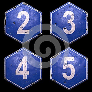 Set of public road signs in blue color with a white numbers 2, 3, 4, 5 in the center isolated on black background. 3d